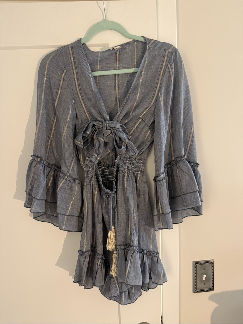 Striped romper with ruffles and tie front detail, size S